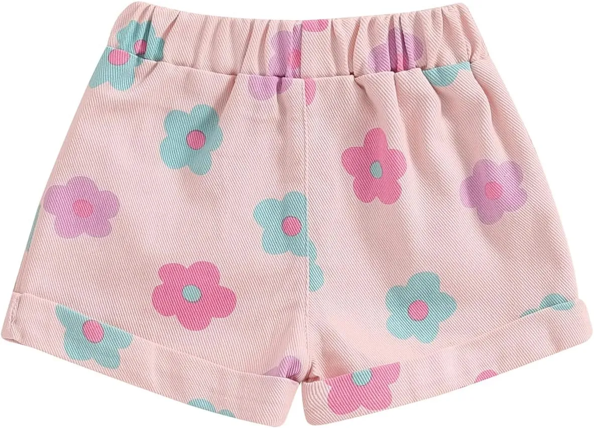 Toddler Baby Girls Floral Shorts Summer Elastic Waist Flower Print Short Jeans Pull On Denim Shorts with Pockets