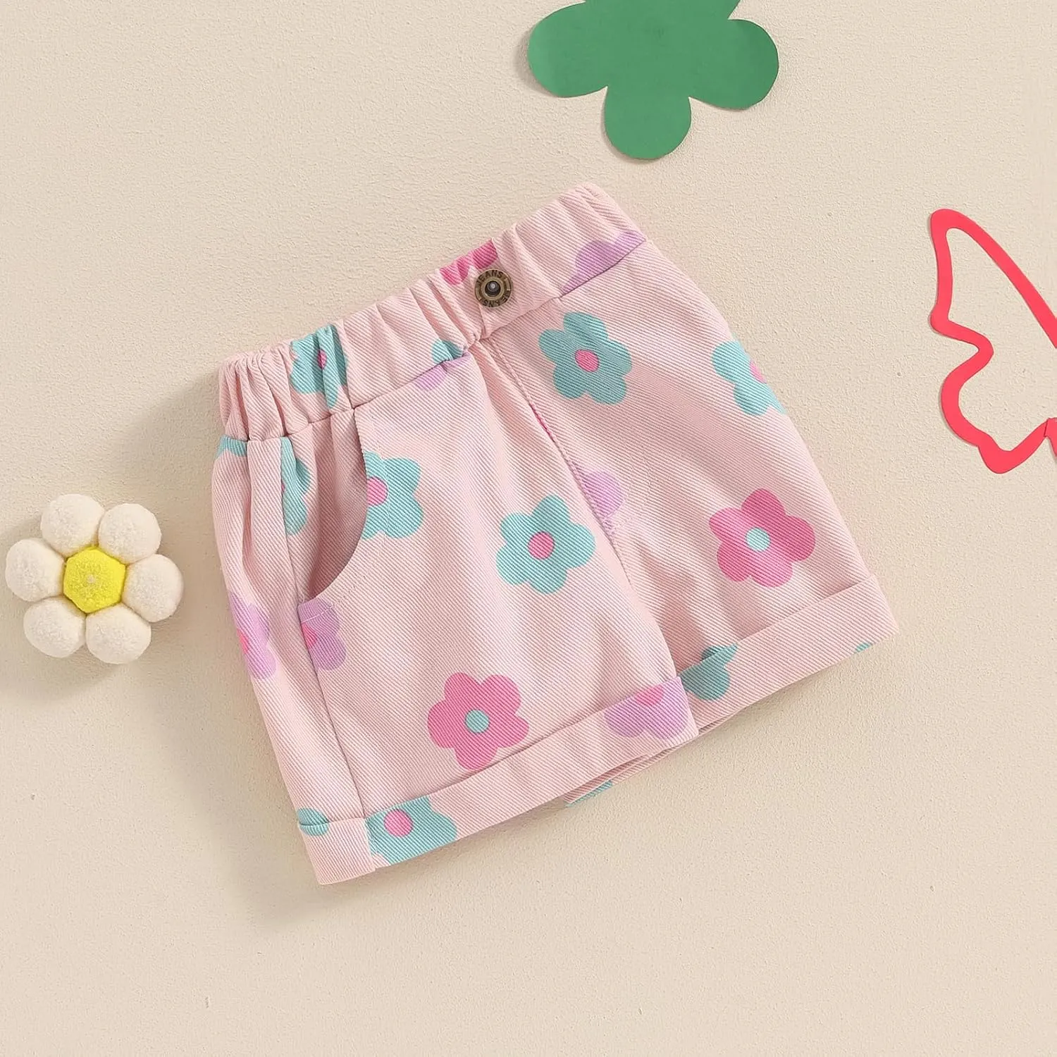 Toddler Baby Girls Floral Shorts Summer Elastic Waist Flower Print Short Jeans Pull On Denim Shorts with Pockets