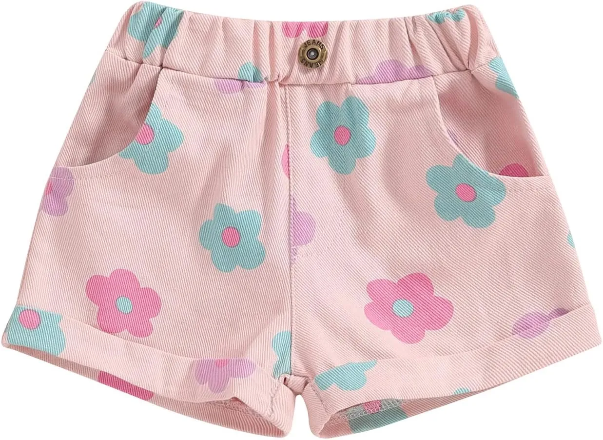 Toddler Baby Girls Floral Shorts Summer Elastic Waist Flower Print Short Jeans Pull On Denim Shorts with Pockets
