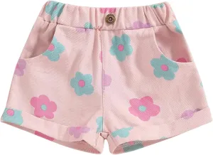 Toddler Baby Girls Floral Shorts Summer Elastic Waist Flower Print Short Jeans Pull On Denim Shorts with Pockets