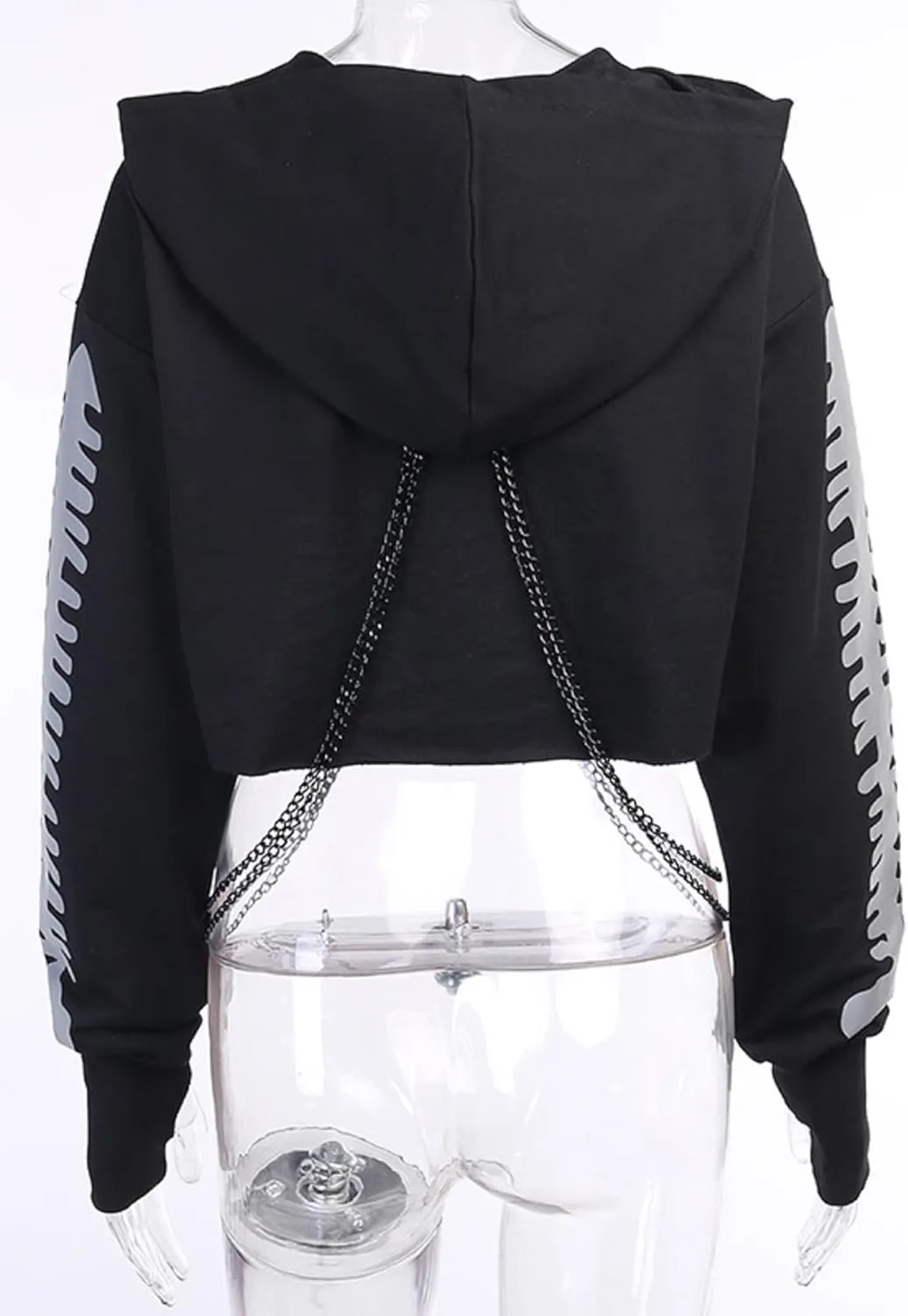 TSMNZMU Womens Gothic Cropped Hoodie Long Sleeve Punk Grunge Skull Print Sweatshirt Emo Alt Mall Goth Tops with Iron Chain