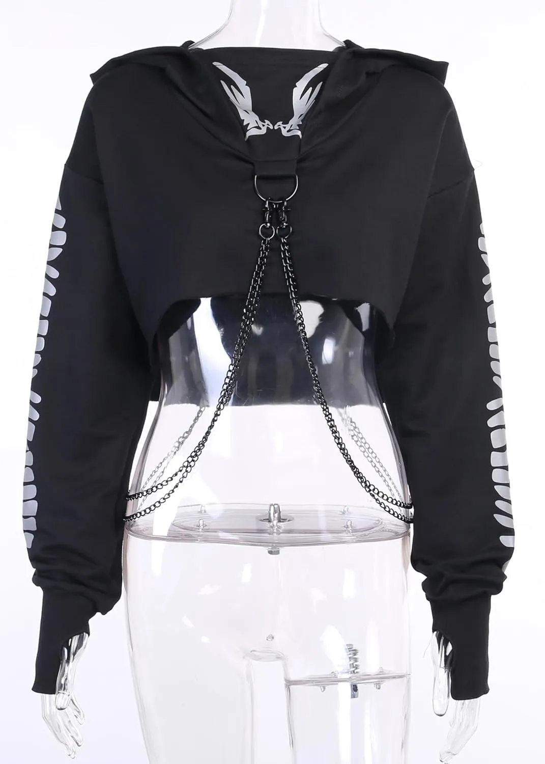 TSMNZMU Womens Gothic Cropped Hoodie Long Sleeve Punk Grunge Skull Print Sweatshirt Emo Alt Mall Goth Tops with Iron Chain