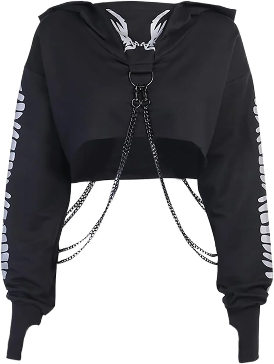 TSMNZMU Womens Gothic Cropped Hoodie Long Sleeve Punk Grunge Skull Print Sweatshirt Emo Alt Mall Goth Tops with Iron Chain