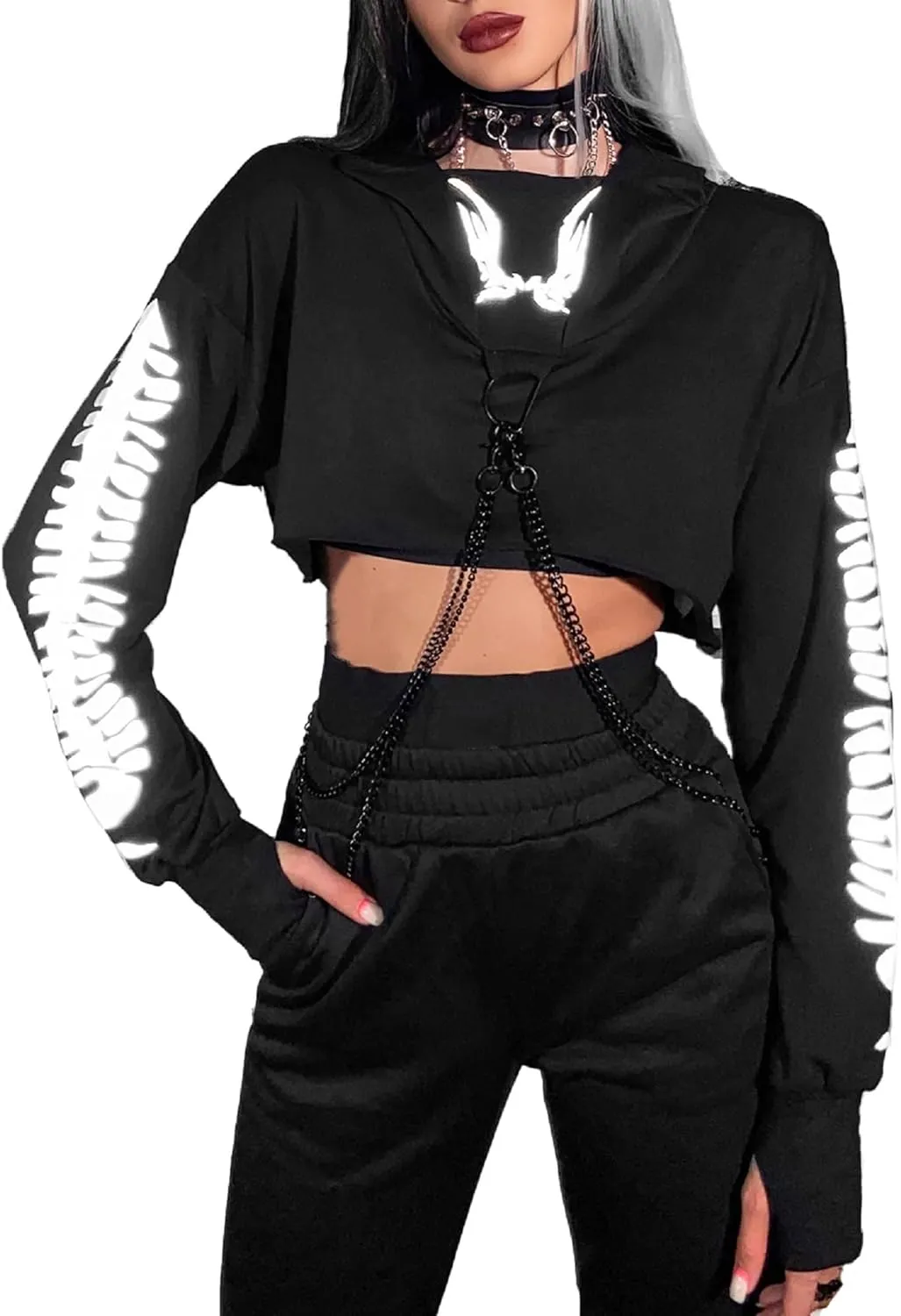 TSMNZMU Womens Gothic Cropped Hoodie Long Sleeve Punk Grunge Skull Print Sweatshirt Emo Alt Mall Goth Tops with Iron Chain