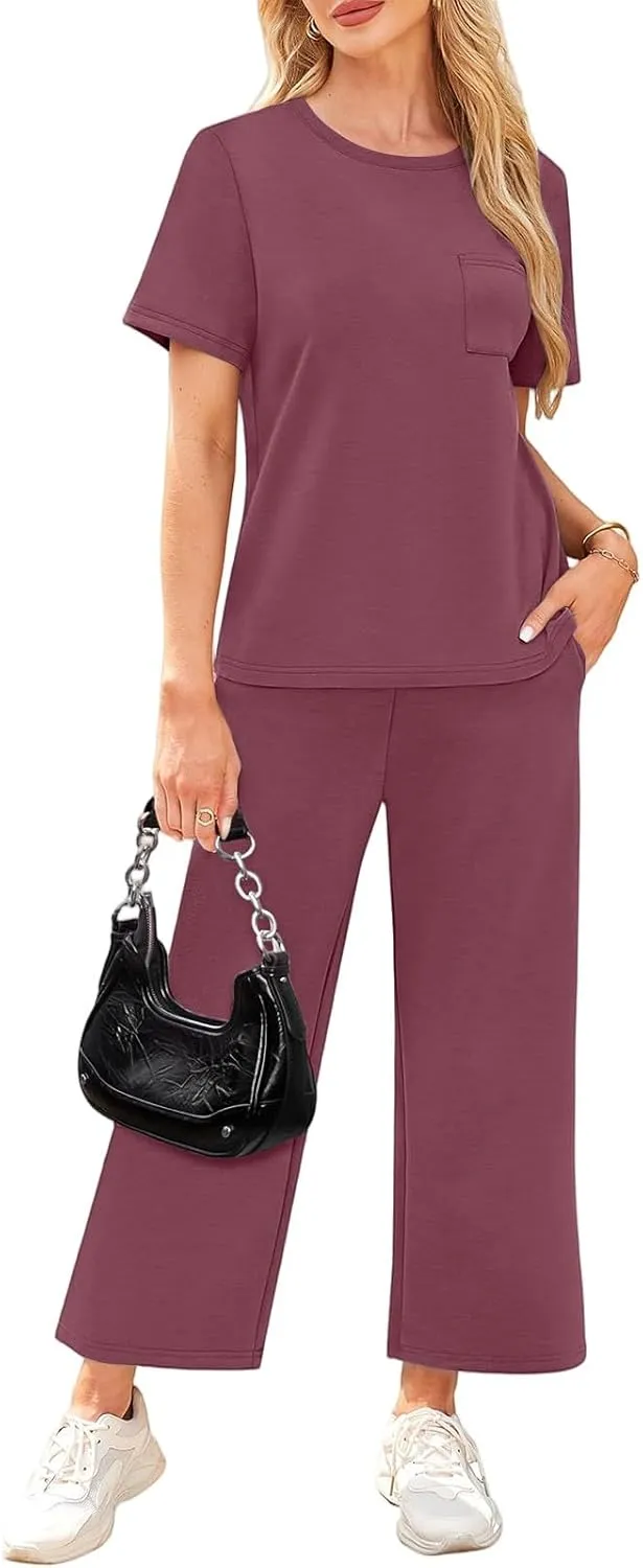 Two Piece Sets for Women Fitness Sport Lounge Clothing Short Sleeve Wide Leg Pants Summer Sets Travel 2025 Outfits