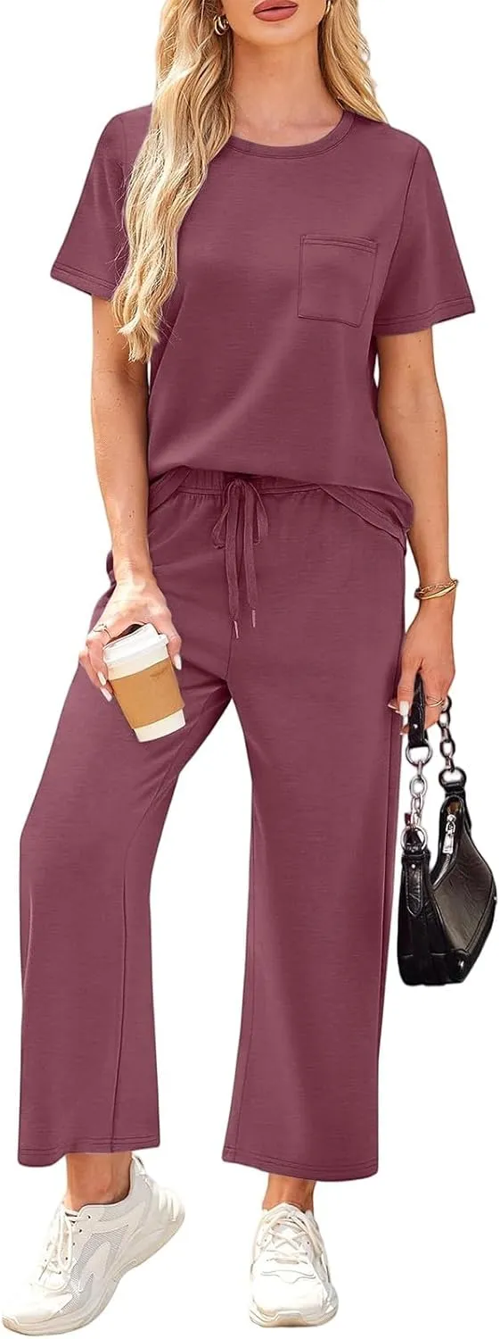 Two Piece Sets for Women Fitness Sport Lounge Clothing Short Sleeve Wide Leg Pants Summer Sets Travel 2025 Outfits