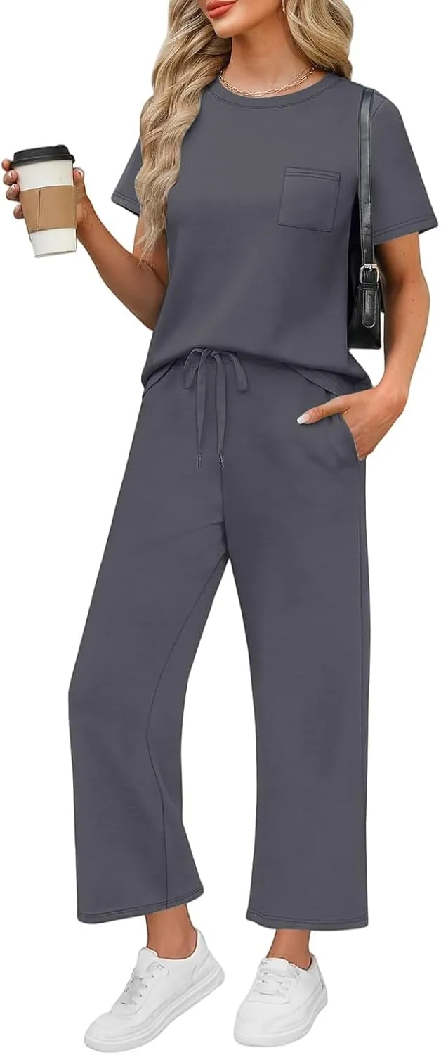Two Piece Sets for Women Fitness Sport Lounge Clothing Short Sleeve Wide Leg Pants Summer Sets Travel 2025 Outfits