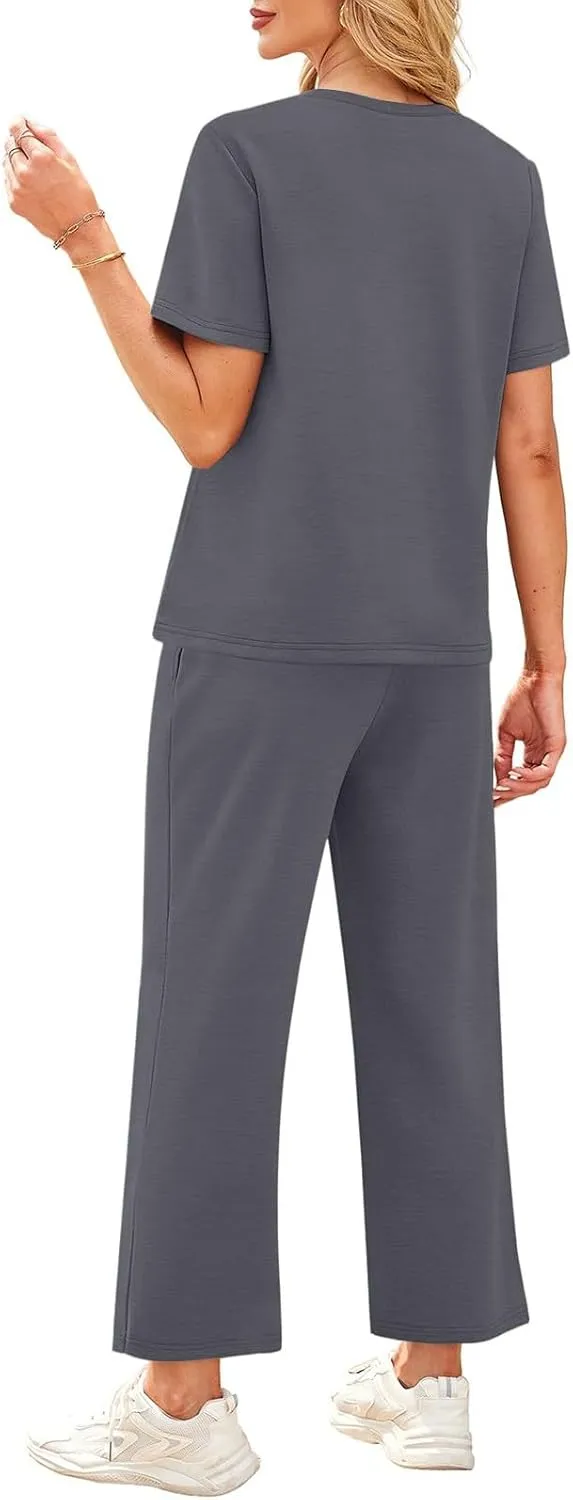 Two Piece Sets for Women Fitness Sport Lounge Clothing Short Sleeve Wide Leg Pants Summer Sets Travel 2025 Outfits
