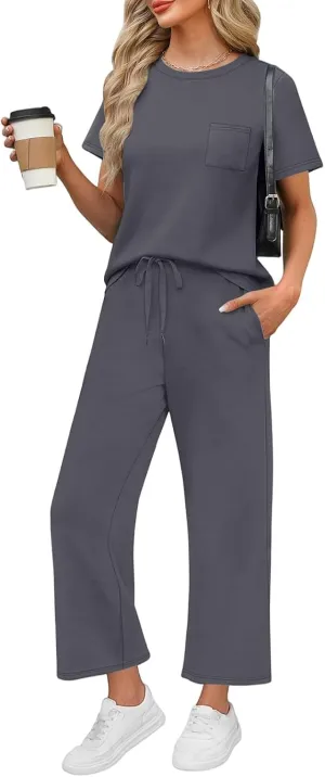 Two Piece Sets for Women Fitness Sport Lounge Clothing Short Sleeve Wide Leg Pants Summer Sets Travel 2025 Outfits