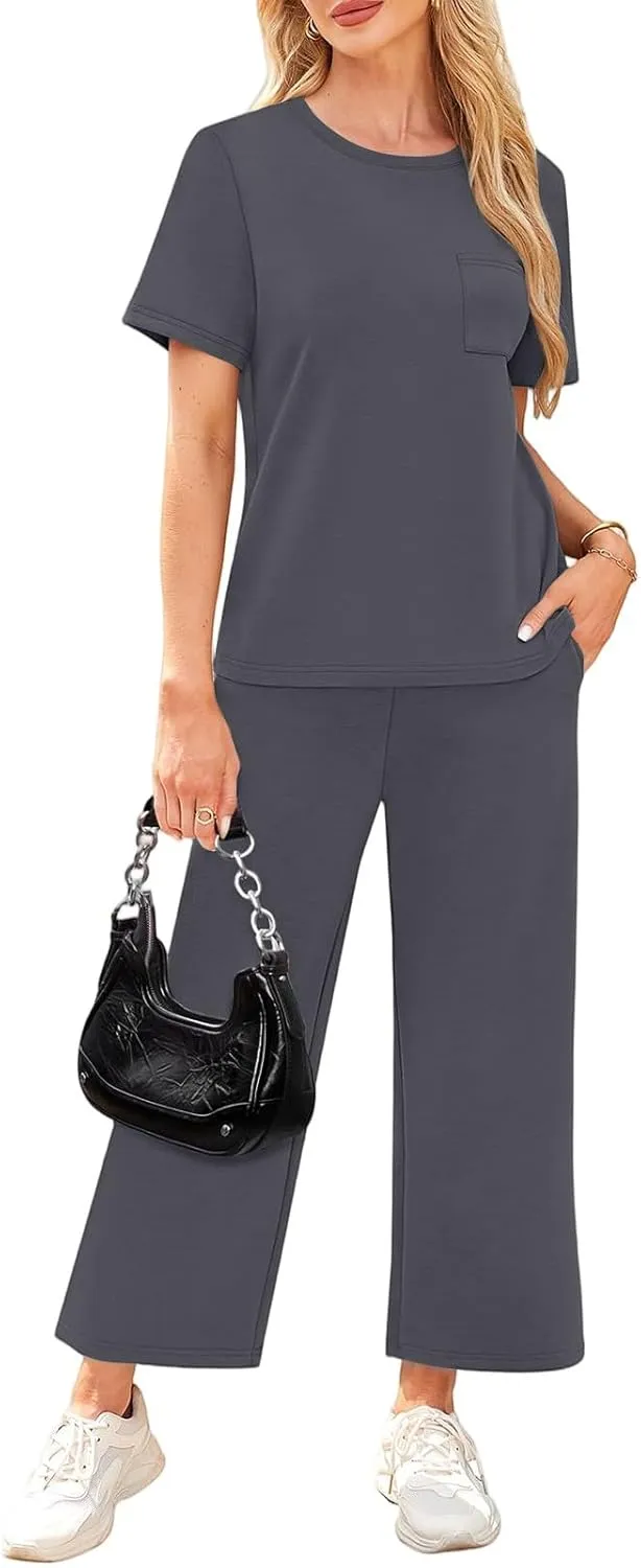 Two Piece Sets for Women Fitness Sport Lounge Clothing Short Sleeve Wide Leg Pants Summer Sets Travel 2025 Outfits