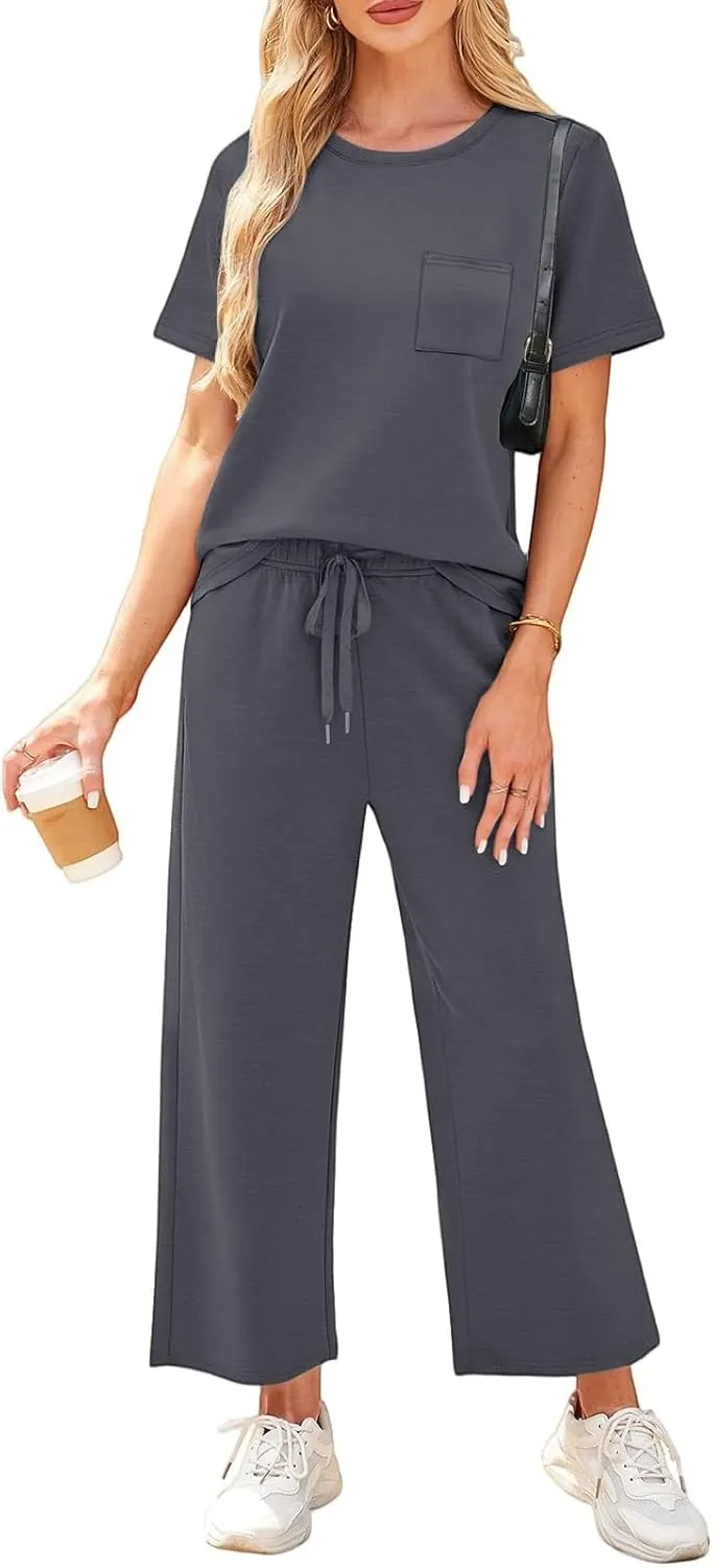 Two Piece Sets for Women Fitness Sport Lounge Clothing Short Sleeve Wide Leg Pants Summer Sets Travel 2025 Outfits