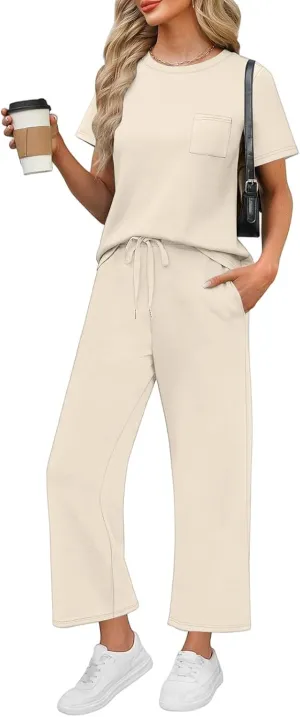 Two Piece Sets for Women Fitness Sport Lounge Clothing Short Sleeve Wide Leg Pants Summer Sets Travel 2025 Outfits