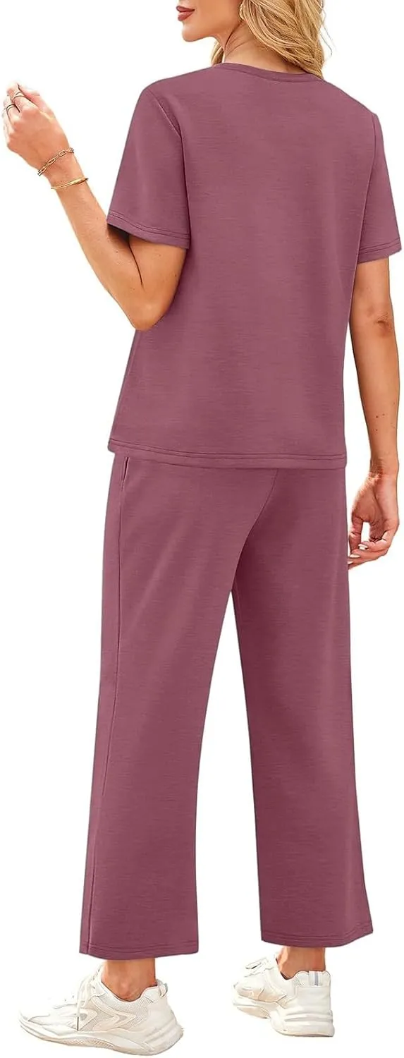 Two Piece Sets for Women Fitness Sport Lounge Clothing Short Sleeve Wide Leg Pants Summer Sets Travel 2025 Outfits