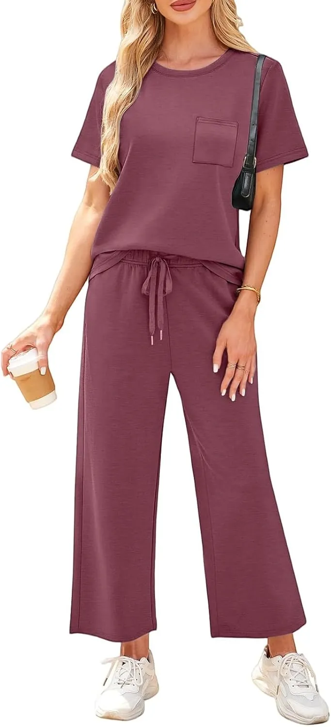 Two Piece Sets for Women Fitness Sport Lounge Clothing Short Sleeve Wide Leg Pants Summer Sets Travel 2025 Outfits