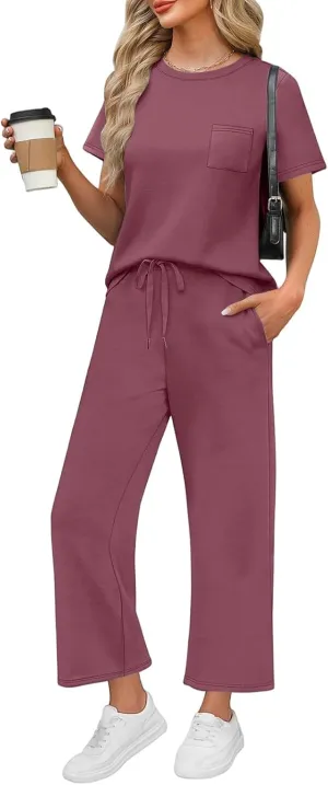 Two Piece Sets for Women Fitness Sport Lounge Clothing Short Sleeve Wide Leg Pants Summer Sets Travel 2025 Outfits