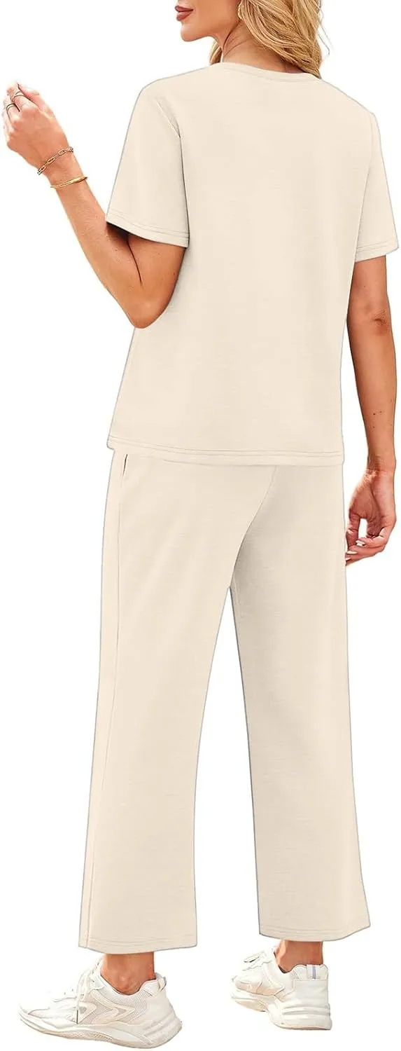 Two Piece Sets for Women Fitness Sport Lounge Clothing Short Sleeve Wide Leg Pants Summer Sets Travel 2025 Outfits