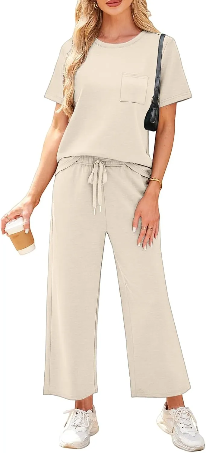 Two Piece Sets for Women Fitness Sport Lounge Clothing Short Sleeve Wide Leg Pants Summer Sets Travel 2025 Outfits