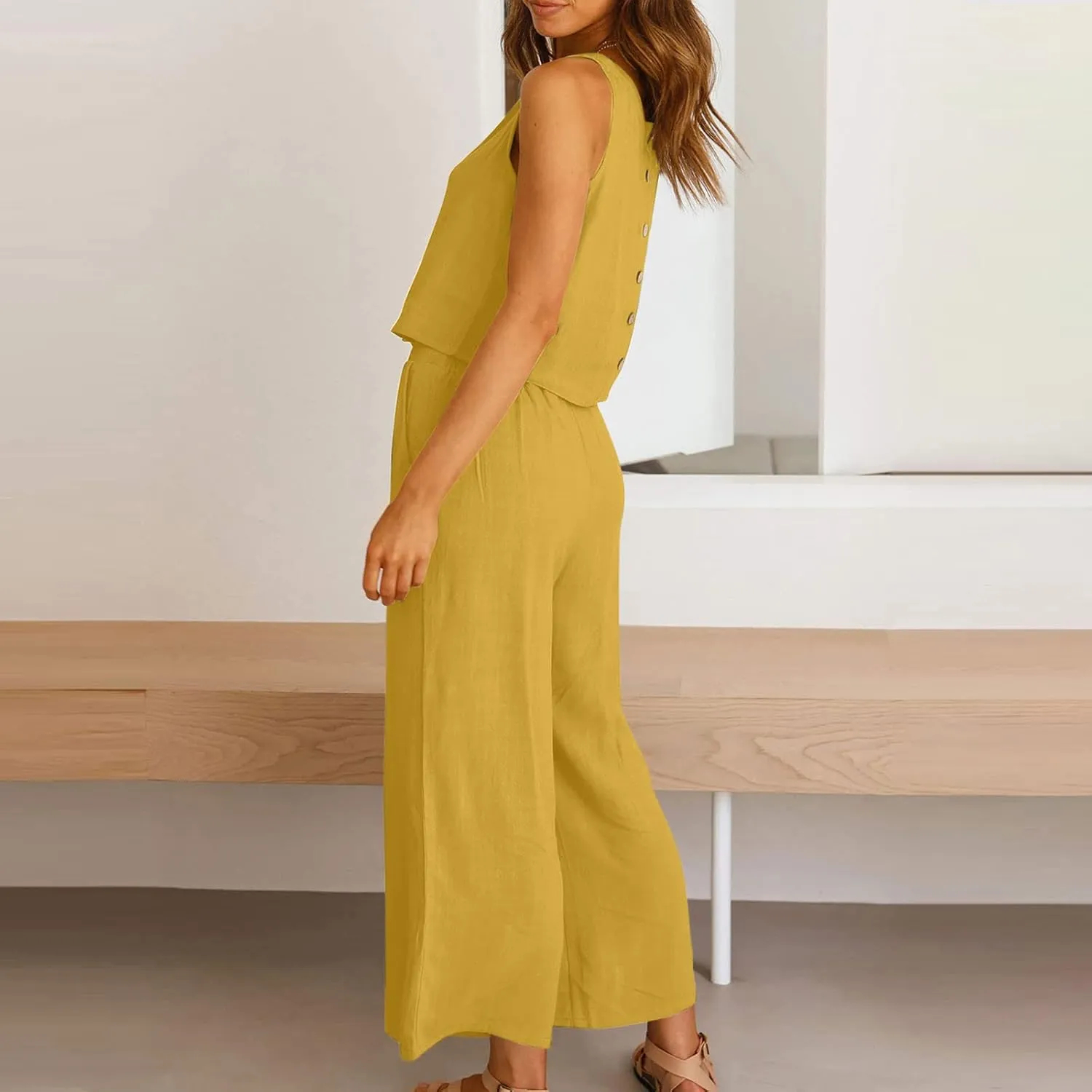 Two Piece Sets for Women Summer Vacation Outfits Sleeveless Crop Top Wide Leg Pants Lounge Beach Travel Clothing