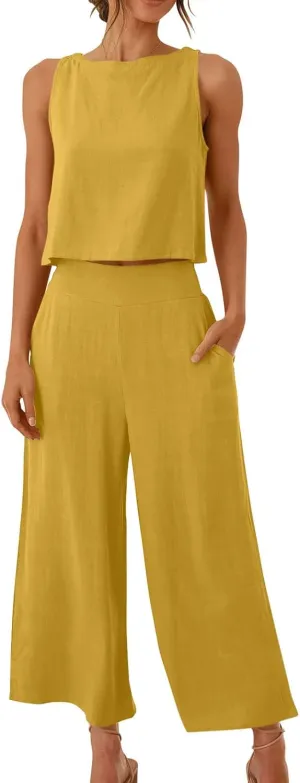 Two Piece Sets for Women Summer Vacation Outfits Sleeveless Crop Top Wide Leg Pants Lounge Beach Travel Clothing