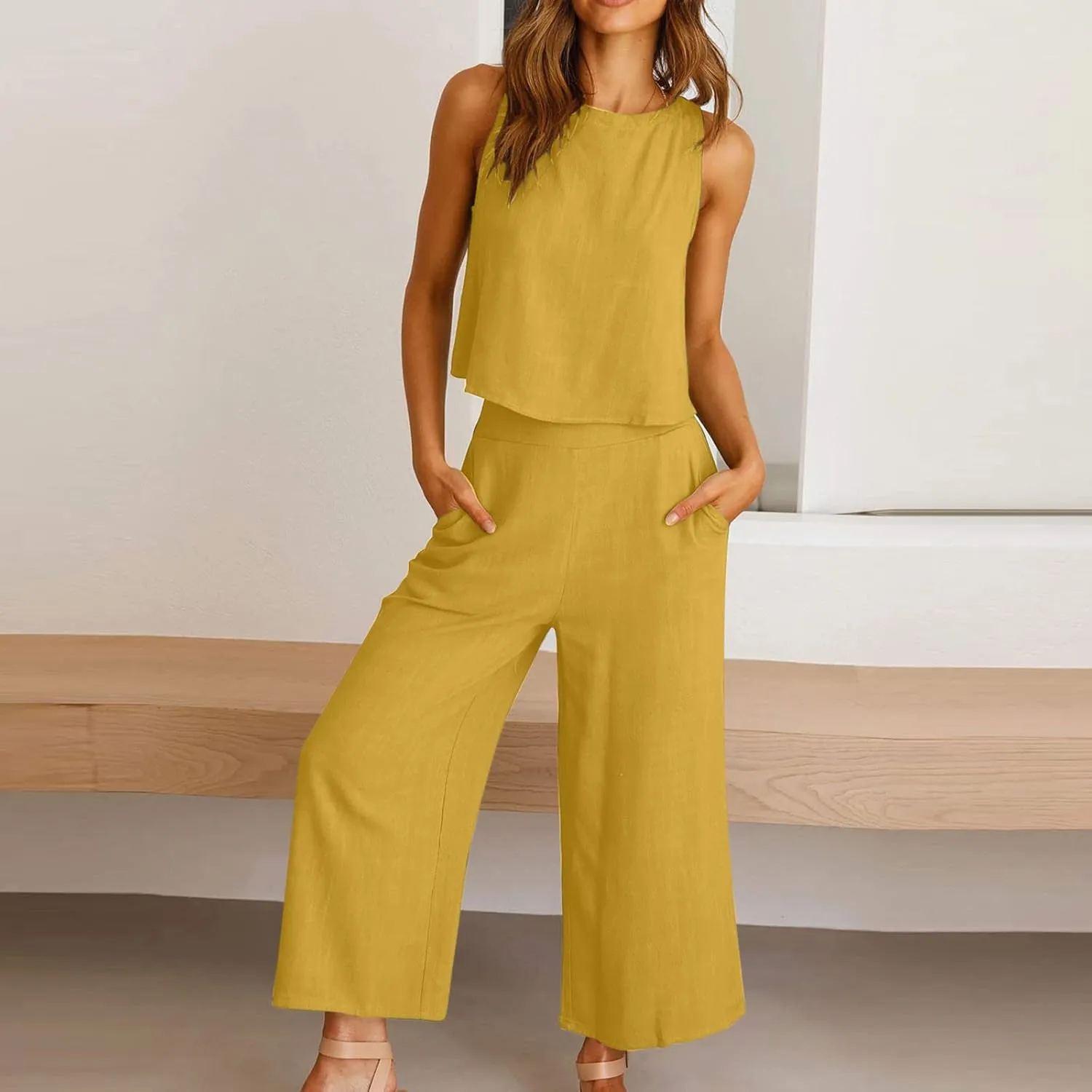 Two Piece Sets for Women Summer Vacation Outfits Sleeveless Crop Top Wide Leg Pants Lounge Beach Travel Clothing