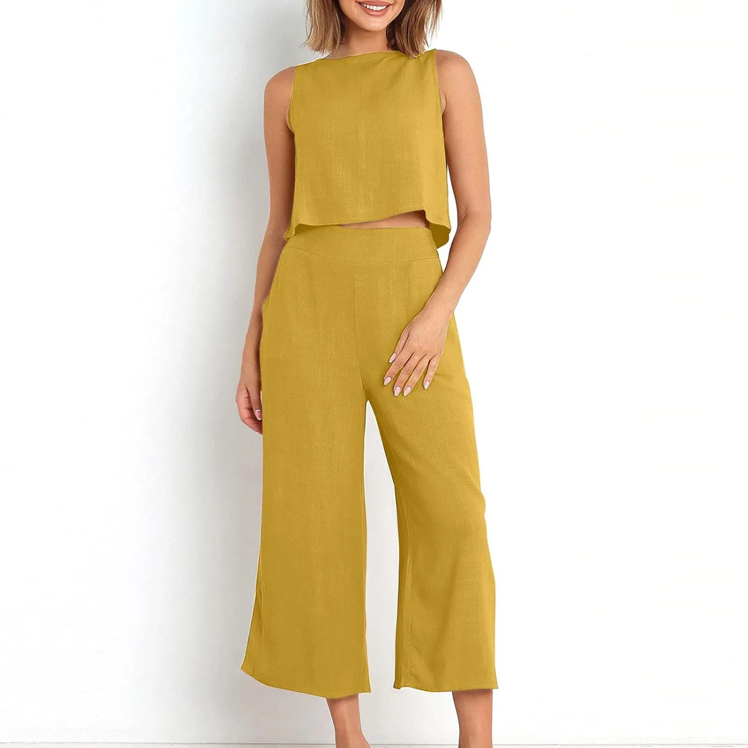 Two Piece Sets for Women Summer Vacation Outfits Sleeveless Crop Top Wide Leg Pants Lounge Beach Travel Clothing
