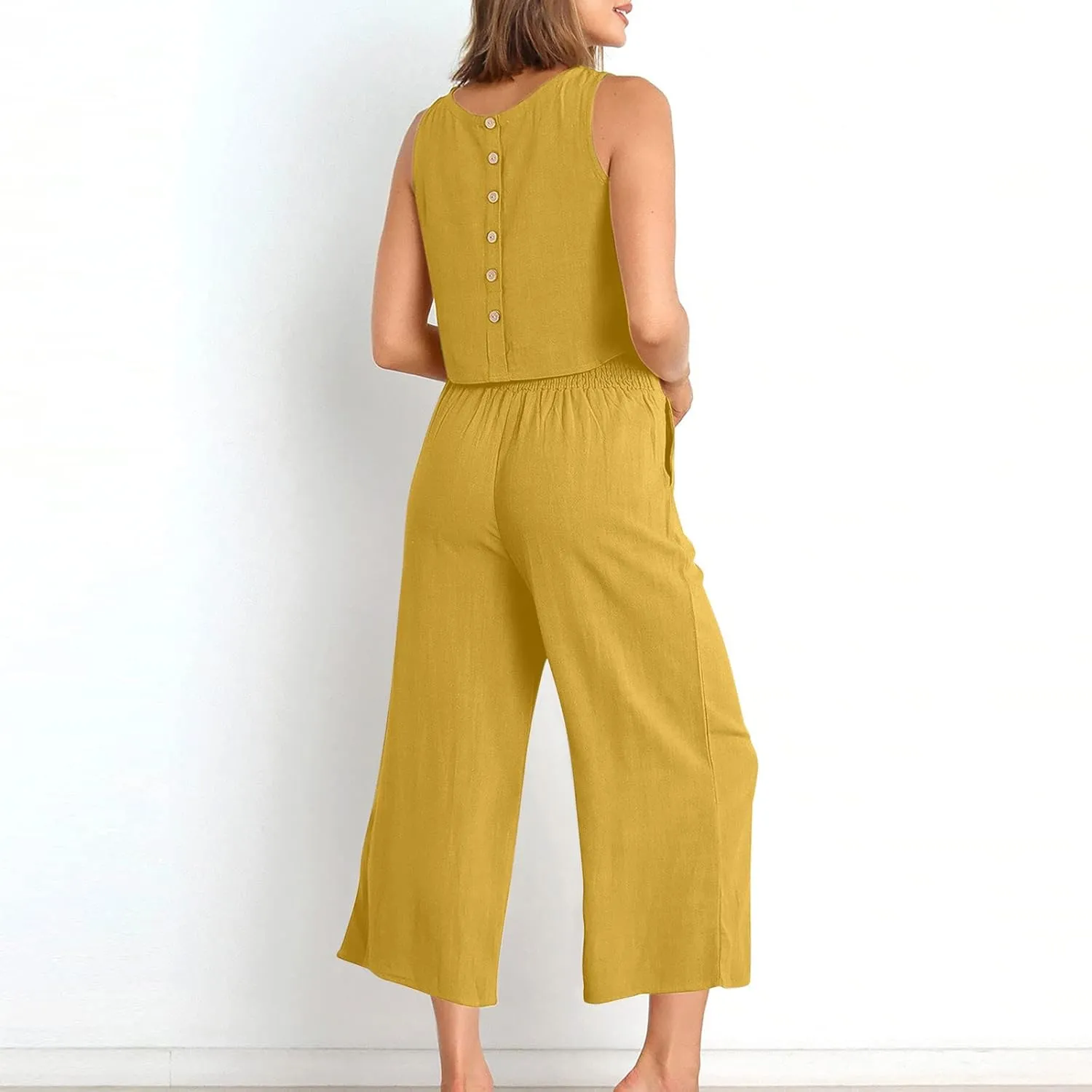 Two Piece Sets for Women Summer Vacation Outfits Sleeveless Crop Top Wide Leg Pants Lounge Beach Travel Clothing