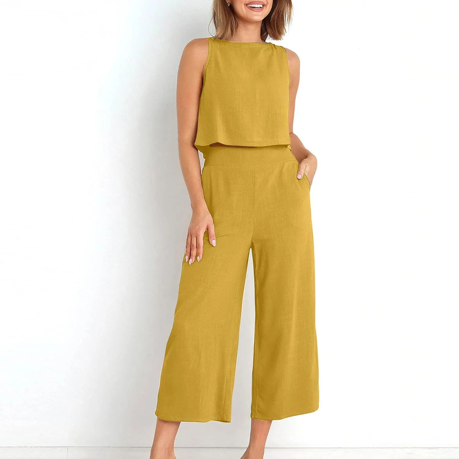 Two Piece Sets for Women Summer Vacation Outfits Sleeveless Crop Top Wide Leg Pants Lounge Beach Travel Clothing