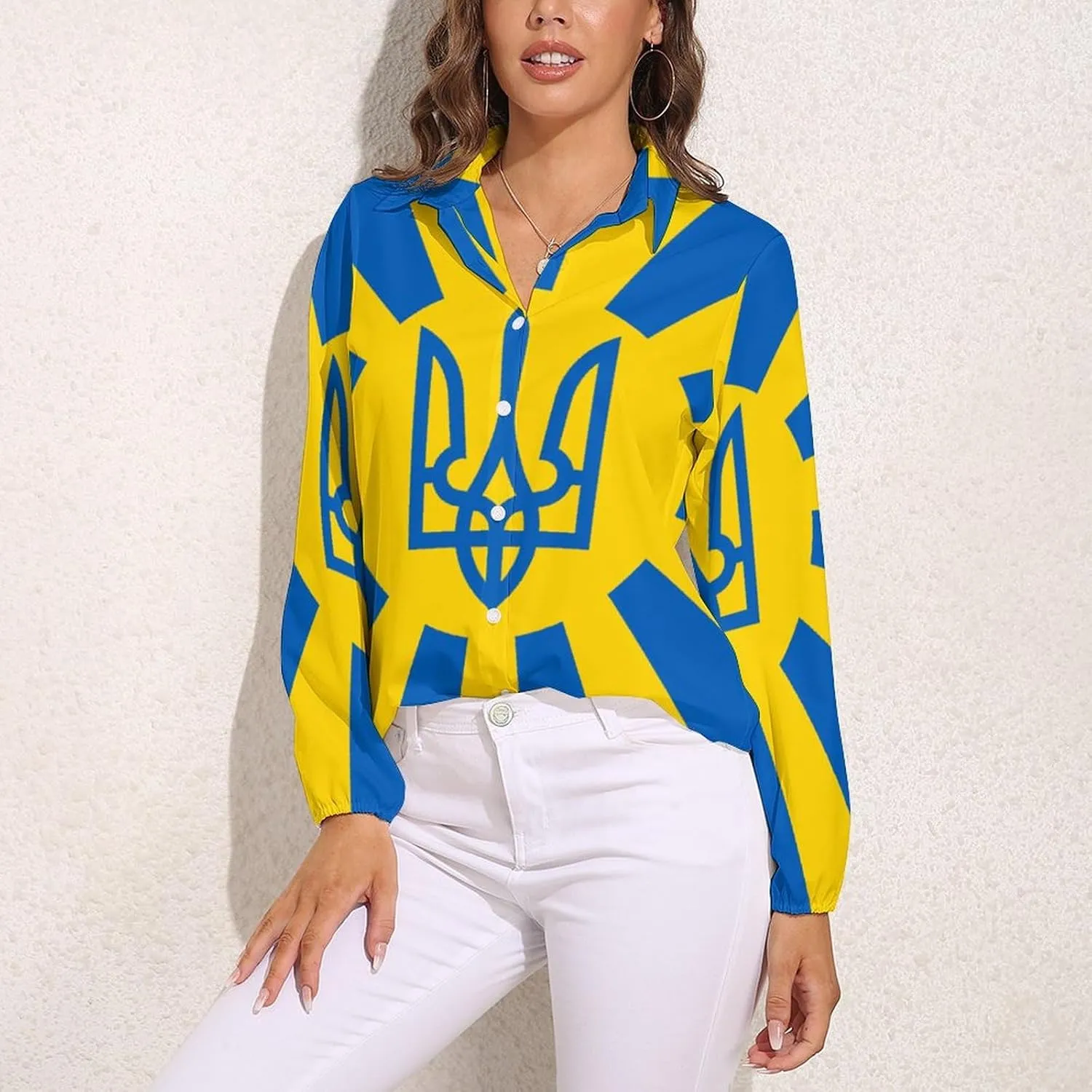 Ukrainian Flag Women's Shirt Casual Button Down Long Sleeve Shirts V Neck Blouses Slim Fit Tops