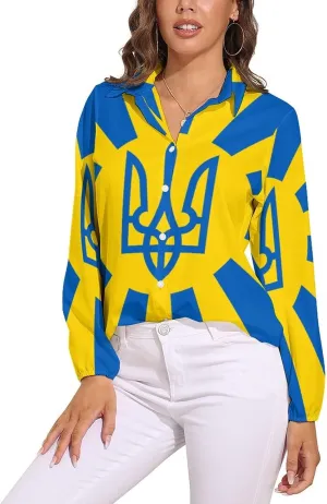 Ukrainian Flag Women's Shirt Casual Button Down Long Sleeve Shirts V Neck Blouses Slim Fit Tops