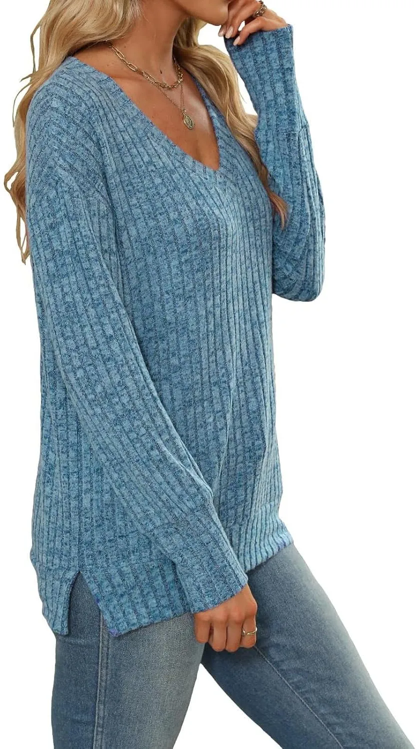 V Neck Long Sleeve Knitted Shirts for Women Casual Spring Fall Tops Lightweight Tunic Sweaters Fashion Clothes 2024