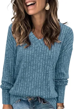 V Neck Long Sleeve Knitted Shirts for Women Casual Spring Fall Tops Lightweight Tunic Sweaters Fashion Clothes 2024