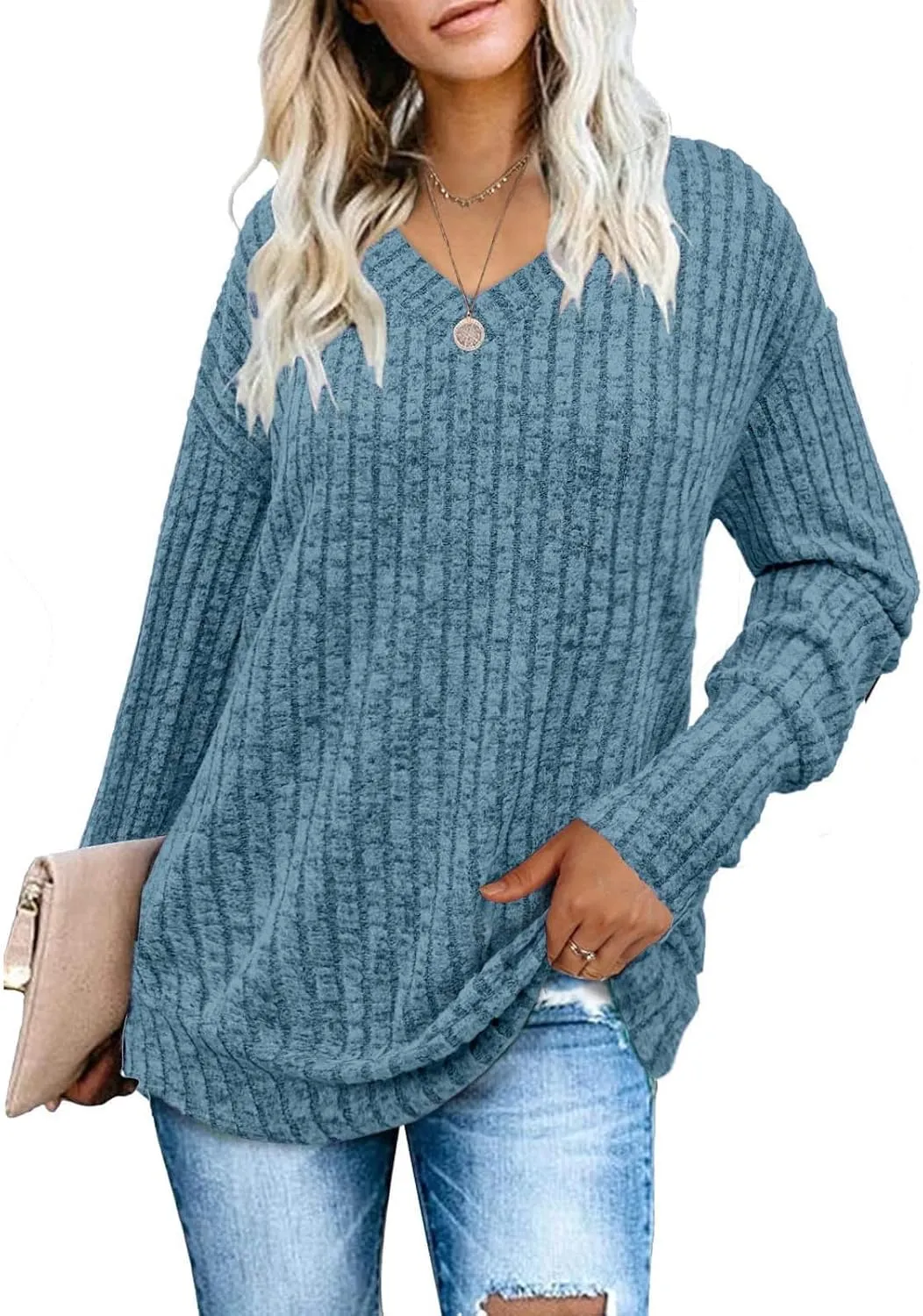 V Neck Long Sleeve Knitted Shirts for Women Casual Spring Fall Tops Lightweight Tunic Sweaters Fashion Clothes 2024
