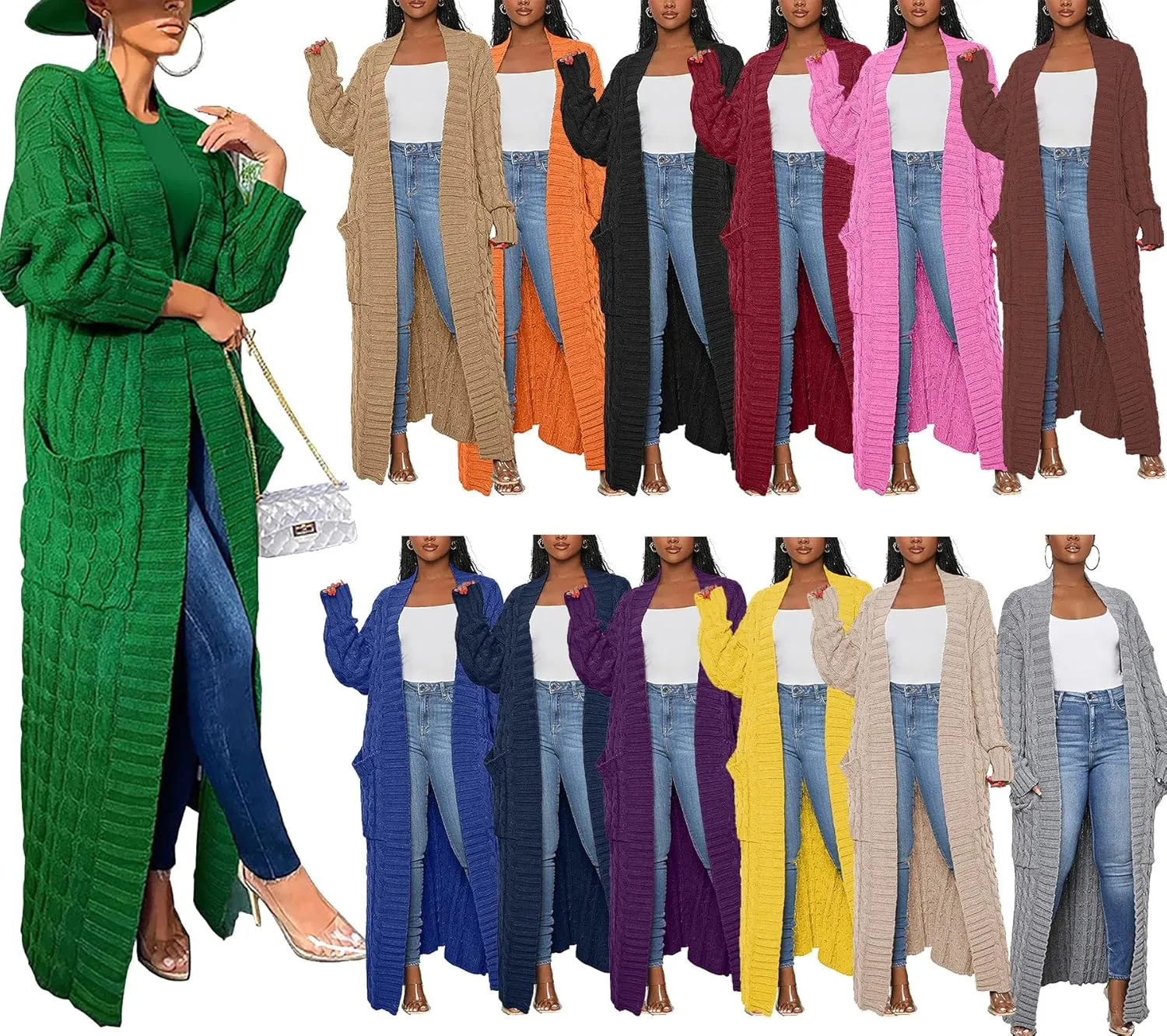 Vakkest Women's Long Sweater Cardigan Open Front Duster Jacket Casual Cable Knitted Maxi Dress Coat Braided Outwear Pockets