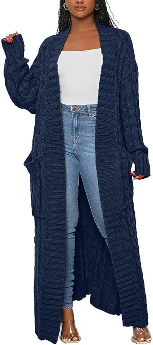 Vakkest Women's Long Sweater Cardigan Open Front Duster Jacket Casual Cable Knitted Maxi Dress Coat Braided Outwear Pockets