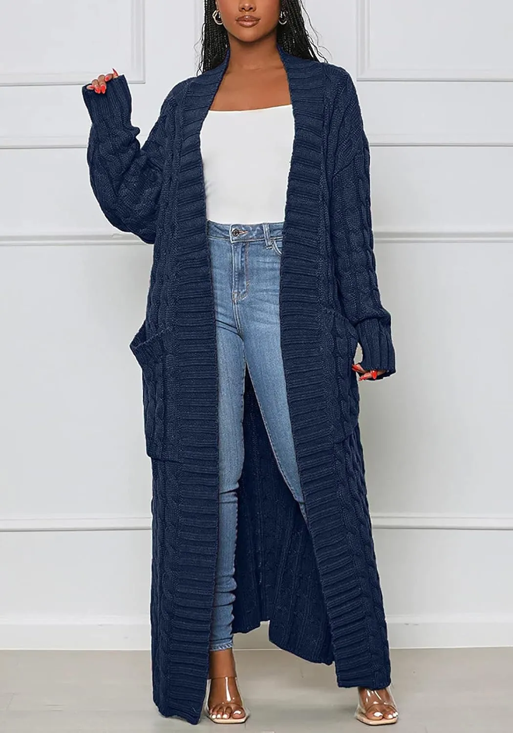 Vakkest Women's Long Sweater Cardigan Open Front Duster Jacket Casual Cable Knitted Maxi Dress Coat Braided Outwear Pockets