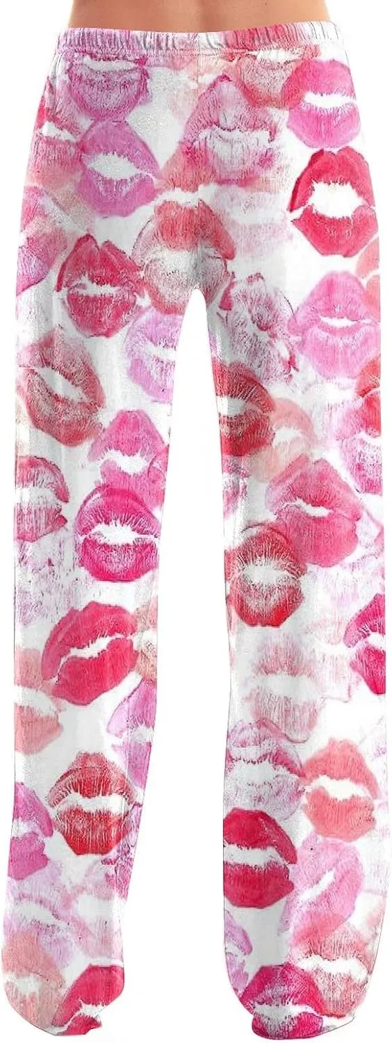 Valentines Day Pajama Pants Baggy Wide Leg Palazzo Pants Casual Comfy Lounge Pants Drawstring Elastic Waist Yoga Pants