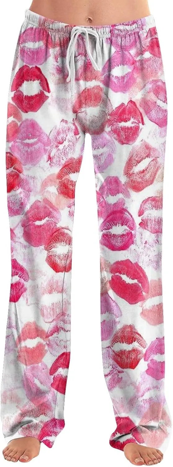 Valentines Day Pajama Pants Baggy Wide Leg Palazzo Pants Casual Comfy Lounge Pants Drawstring Elastic Waist Yoga Pants