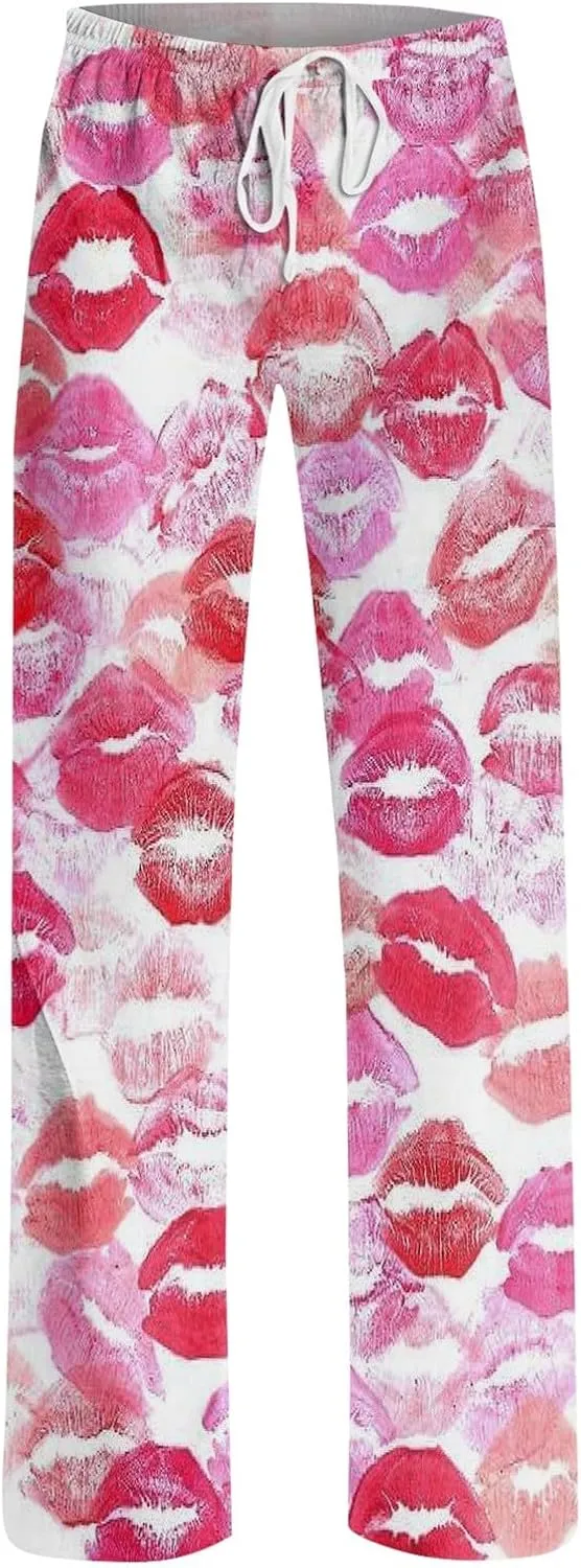 Valentines Day Pajama Pants Baggy Wide Leg Palazzo Pants Casual Comfy Lounge Pants Drawstring Elastic Waist Yoga Pants
