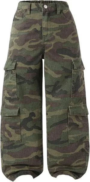 Verdusa Girl's Y2K Camo Cargo Pants Loose Straight Leg Denim Pants with Pockets