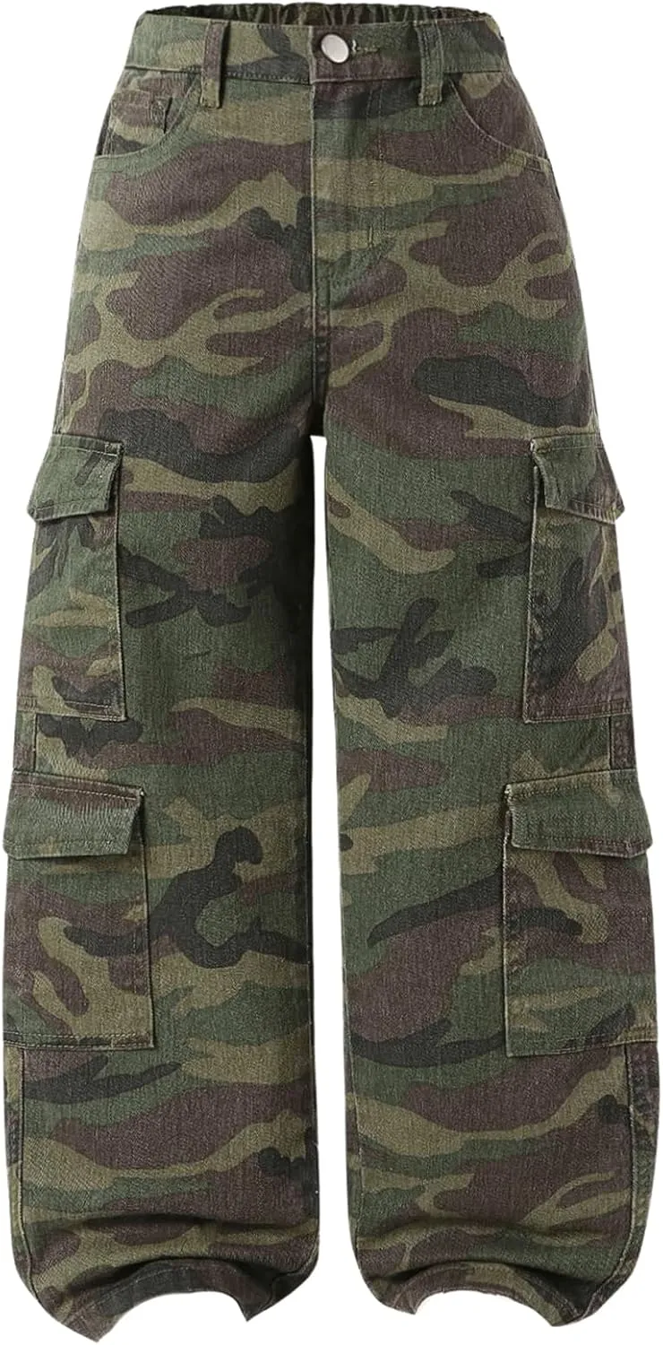 Verdusa Girl's Y2K Camo Cargo Pants Loose Straight Leg Denim Pants with Pockets