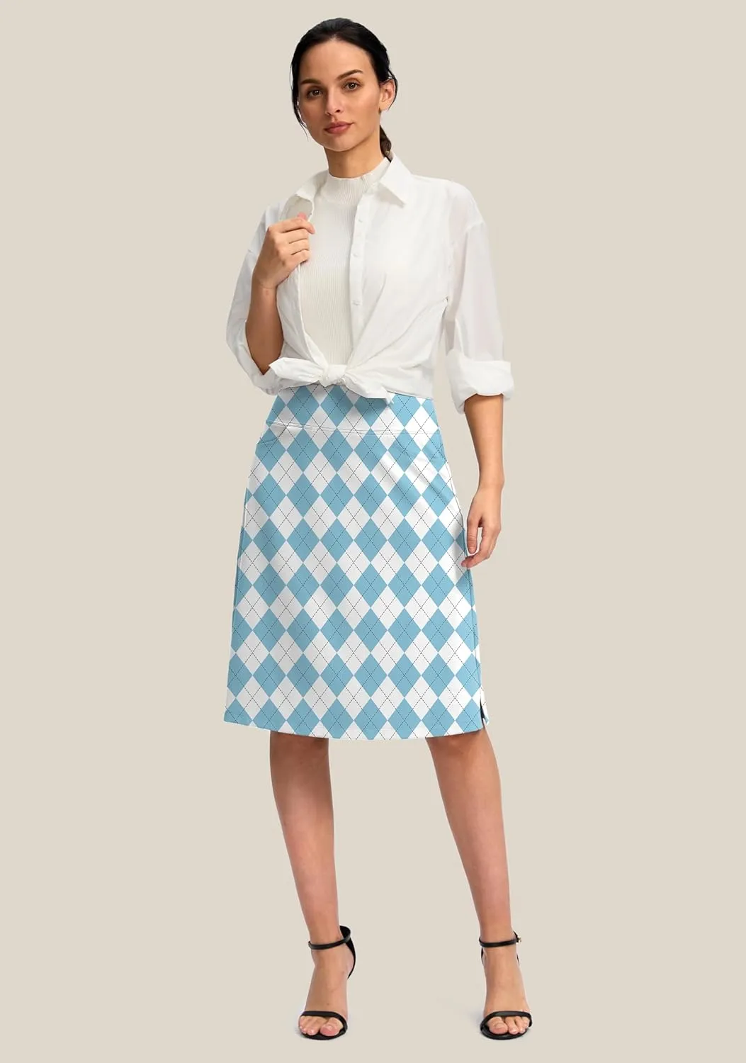 Viodia 25" Knee Length Skorts Skirts for Women with Zipper Pockets Stretchy Modest Aline Midi Skort for Casual Summer Travel