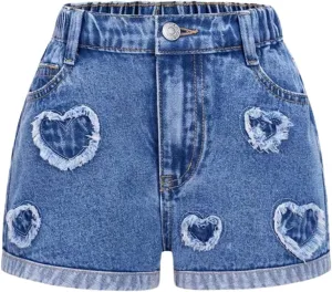WDIRARA Girl's Heart Patch High Waisted Jean Shorts Elastic Waist Y2k Casual Denim Shorts
