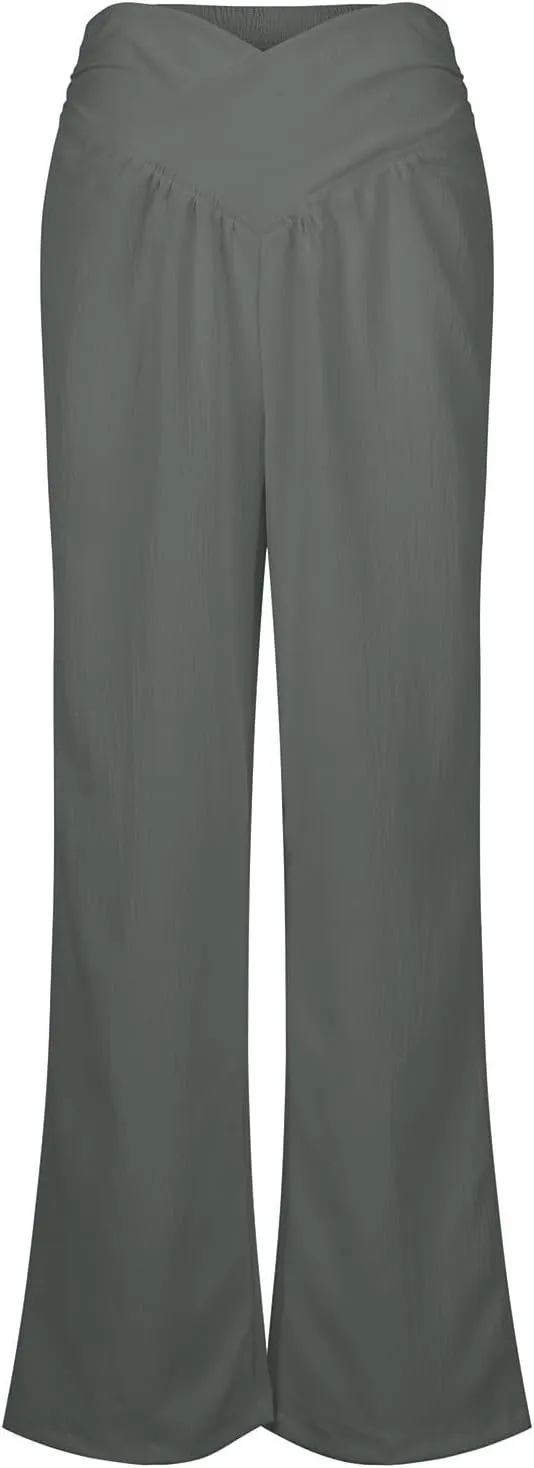 Wide Leg Linen Pants for Women Crossover High Waisted Palazzo Pants Casual Flowy Flare Beach Pants Resort Outfits