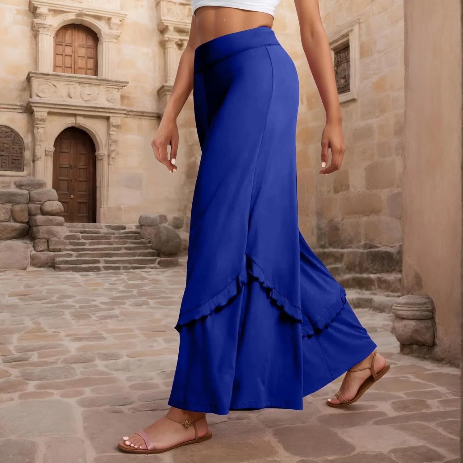 Wide Leg Pants Woman High Waisted Flowy Palazzo Pants Casual Cute Ruffle Comfy Lounge Cotton Yoga Pants Sweatpants