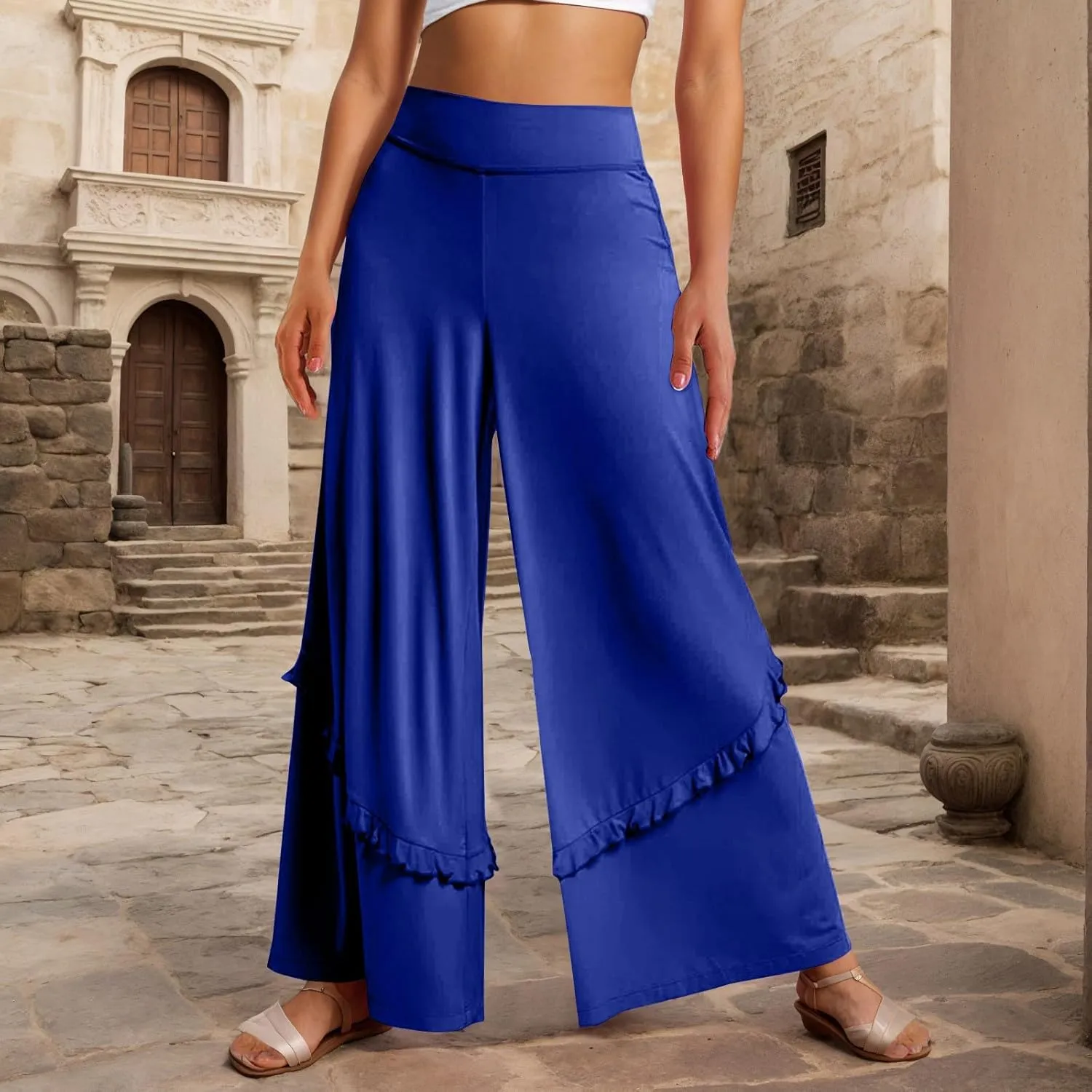 Wide Leg Pants Woman High Waisted Flowy Palazzo Pants Casual Cute Ruffle Comfy Lounge Cotton Yoga Pants Sweatpants