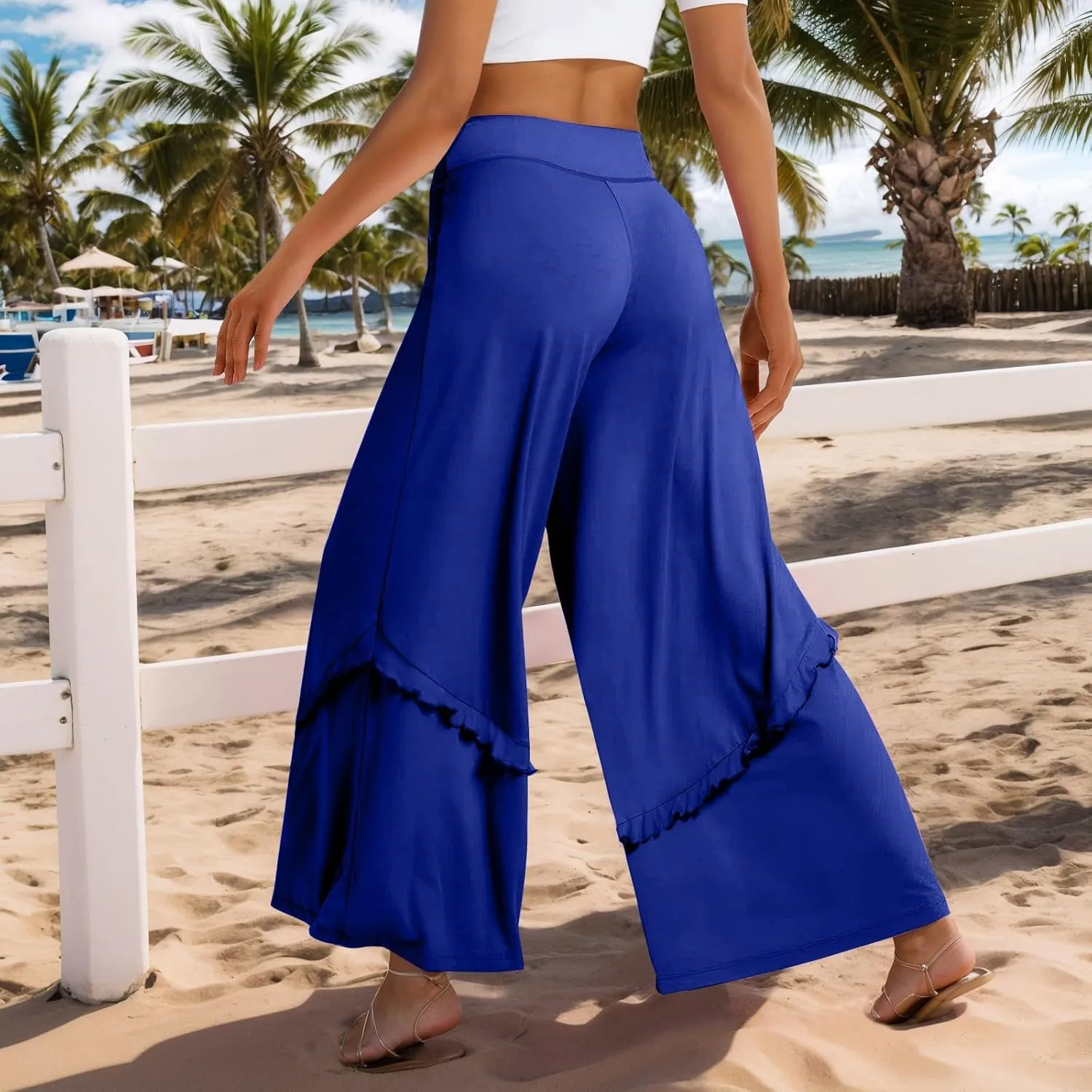Wide Leg Pants Woman High Waisted Flowy Palazzo Pants Casual Cute Ruffle Comfy Lounge Cotton Yoga Pants Sweatpants
