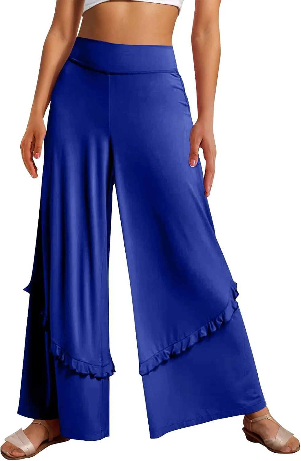 Wide Leg Pants Woman High Waisted Flowy Palazzo Pants Casual Cute Ruffle Comfy Lounge Cotton Yoga Pants Sweatpants