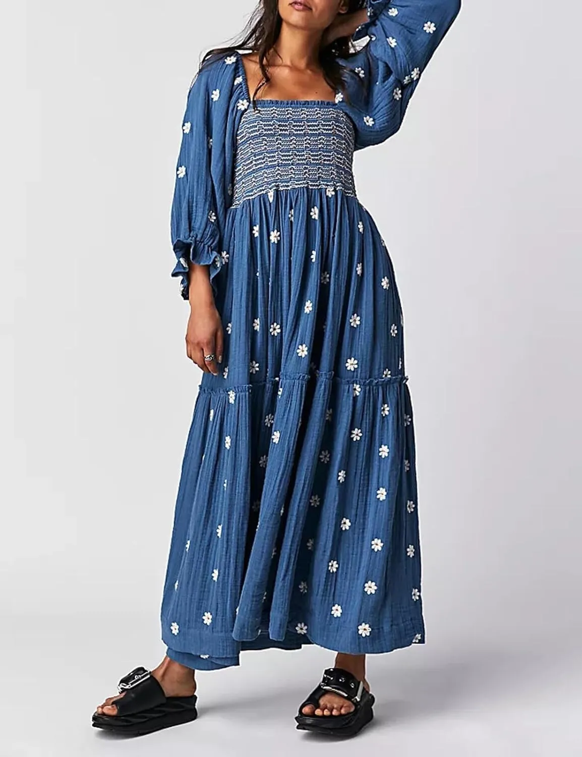 Willow Dance Women Casual Bohemian Floral Dress Square Neck Ruffle Swing A Line Long Sleeve Beach Maxi Dress with Pockets