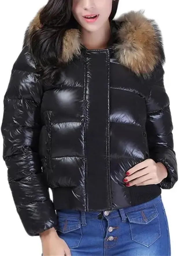 Winter Casual Hooded Puffer Jacket Women Slim Duck Down Coat Short Shiny Female Down Parka