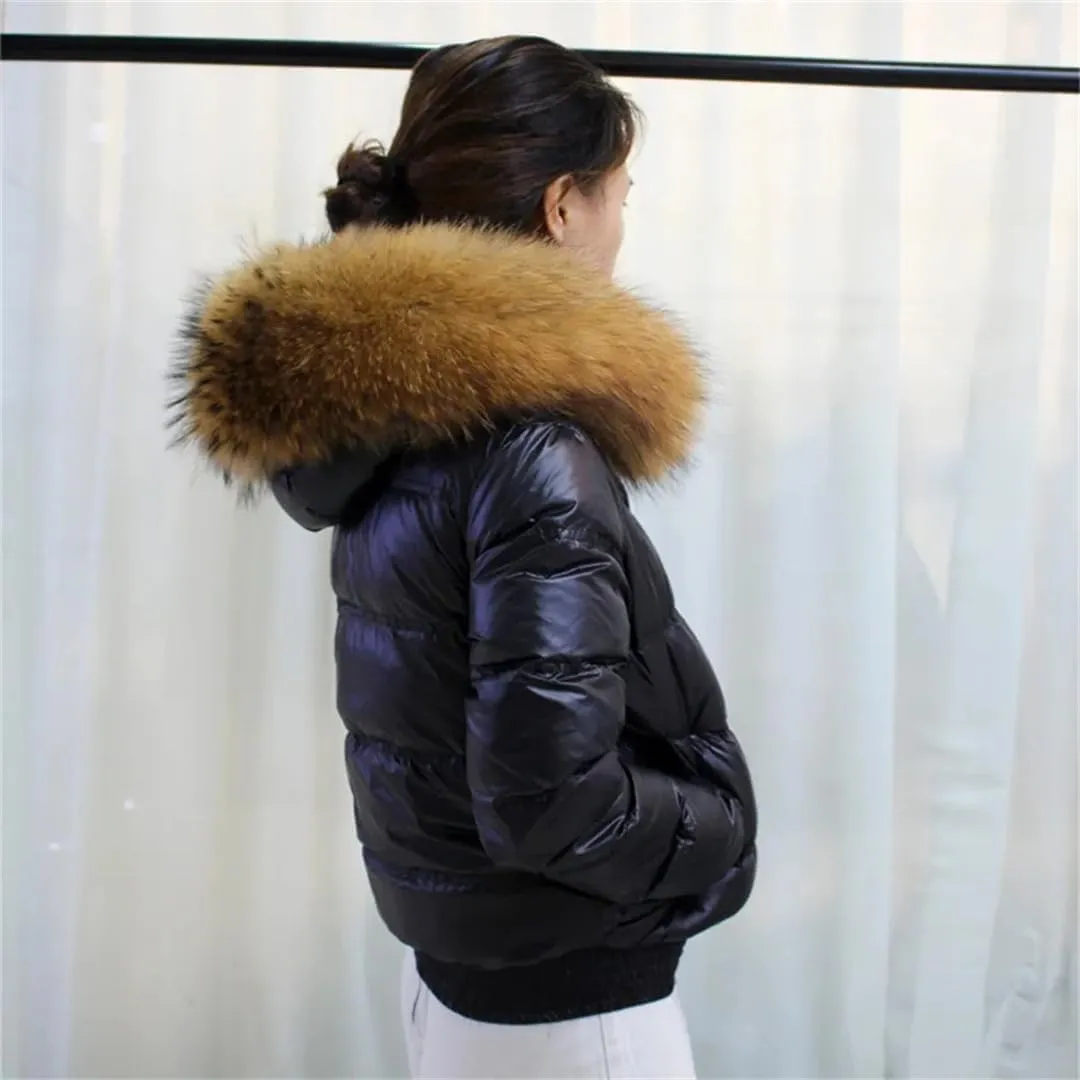 Winter Casual Hooded Puffer Jacket Women Slim Duck Down Coat Short Shiny Female Down Parka